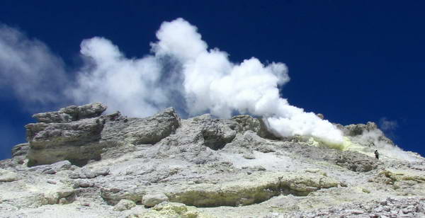 Sulfur gas eruption in crater of Damavand mountain