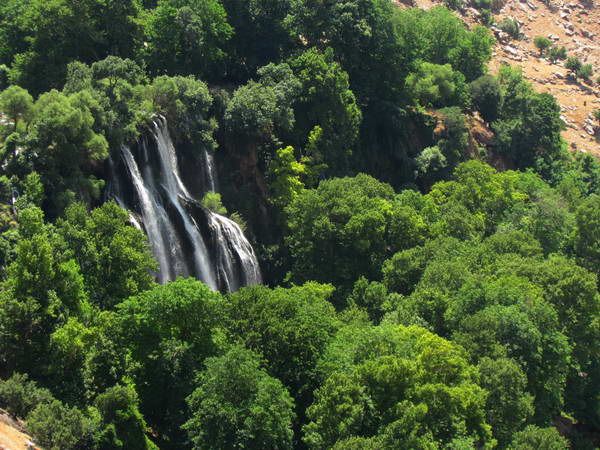 A view of Zarde Limeh Waterfall in forests near Bazoft River