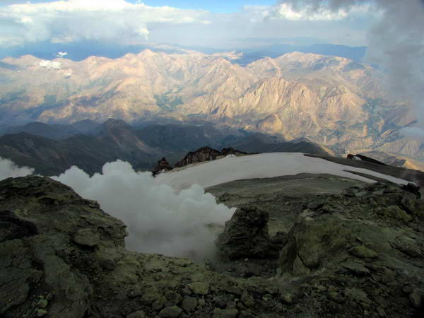 Sulfur gas eruption view from Damavand peak