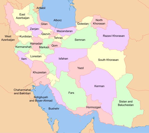 Map of Iran with provinces names