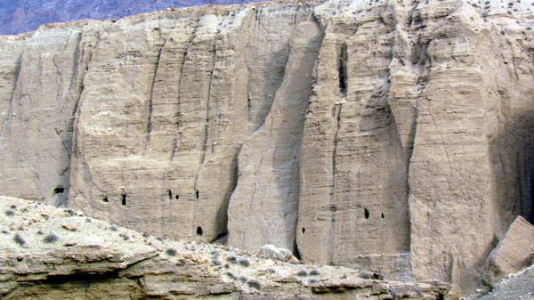 The hand- made caves on the valley walls at the bigining point of Moteza Ali spring valley. Tabas